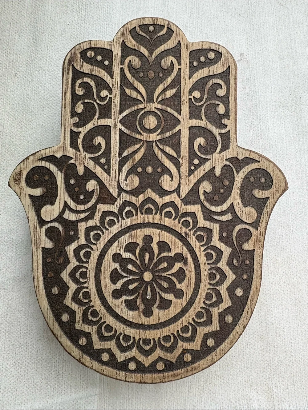 Carved Wooden Hamsa Hand jewelry box in Natural and Dark Brown